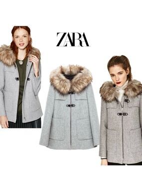Zara Gray Duffle faux fur Hooded Winter Coat jacket Sz S